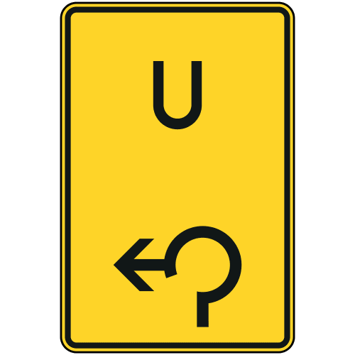 Gelbes Verkehrsschild Ankündigung oder Fortsetzung der Umleitung im Kreisverkehr links mit schwarzem U und Pfeil nach links