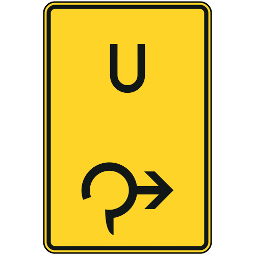 Verkehrsschild Ankündigung oder Fortsetzung der Umleitung im Kreisverkehr rechts VZ 455.1-23 gelb mit schwarzem U und Pfeil nach rechts