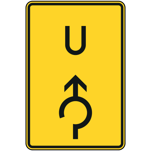 Gelbes Verkehrsschild Ankündigung oder Fortsetzung der Umleitung im Kreisverkehr geradeaus mit schwarzem U und Pfeil