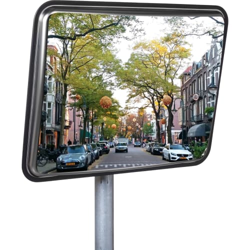 WEMAS Mehrzweckspiegel aus Edelstahl zur Überprüfung von 2 Richtungen mit Straßenansicht und parkenden Autos