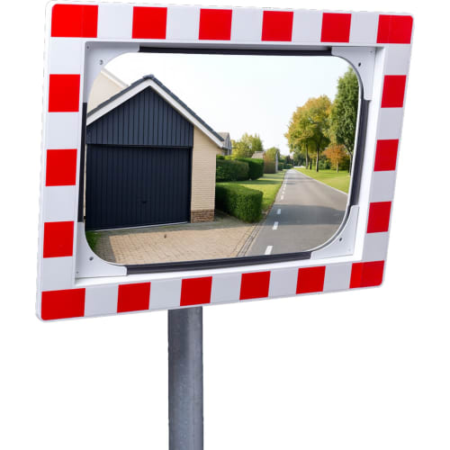 WEMAS Verkehrsspiegel aus Polycarbonat mit rotem und weißem Rahmen zur Überprüfung von 2 Richtungen an einer Straße