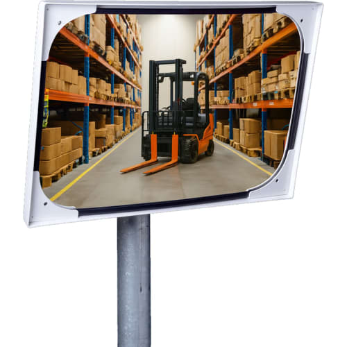 WEMAS Mehrzweckspiegel aus Polycarbonat mit Sicht auf Gabelstapler in Lagerhalle zur Überprüfung von 2 Richtungen