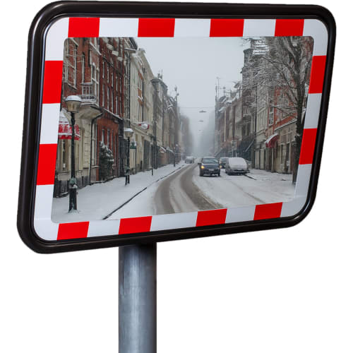 WEMAS Verkehrsspiegel aus Edelstahl mit antifrost Funktion zur Überprüfung von 2 Richtungen, zeigt verschneite Straße mit Autos und Gebäuden