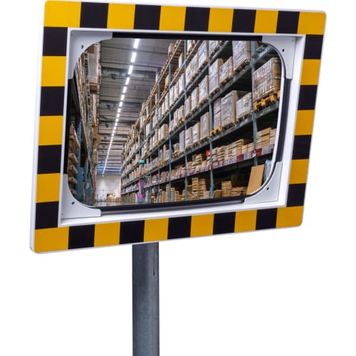 WEMAS Industriespiegel aus Acryl mit gelb-schwarzem Rahmen zur Überprüfung von 2 Richtungen in einem Lager