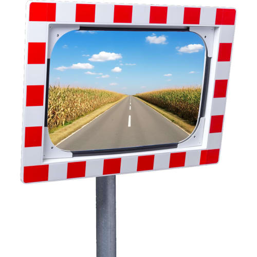 WEMAS Verkehrsspiegel mit Sicherheitsglas zur Überprüfung von 2 Richtungen, rechteckiger Spiegel mit rotem und weißem Rahmen an Straßenpfosten