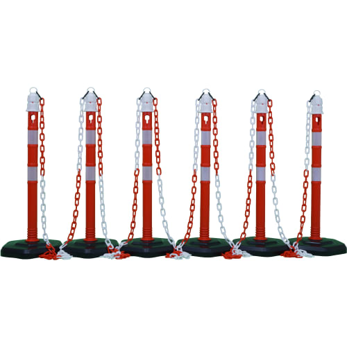 Kettenständer Kettenpfosten-Set MultiMax Plus mit roten und weißen Pfosten und Ketten auf schwarzer Basis