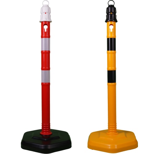 Zwei Kettenständer Kettenpfosten MultiMax in rot mit weißem Kopf und gelb mit schwarzem Kopf auf weißem Hintergrund