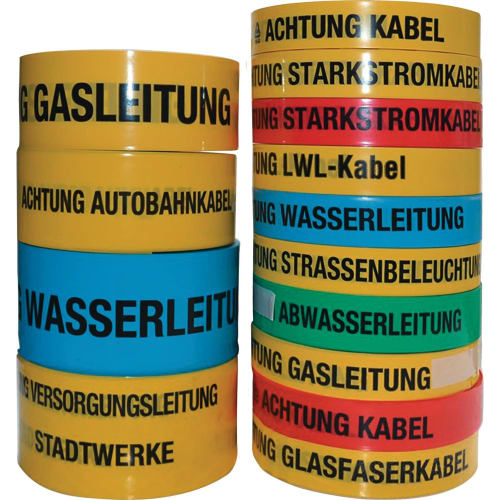 Trassenwarnband mit verschiedenen Warntexten wie Achtung Gasleitung, Achtung Autobahnkabel, Achtung Wasserleitung, Achtung Starkstromkabel, Achtung Abwasserleitung, Achtung Glasfaserkabel in gelb, blau, grün und rot