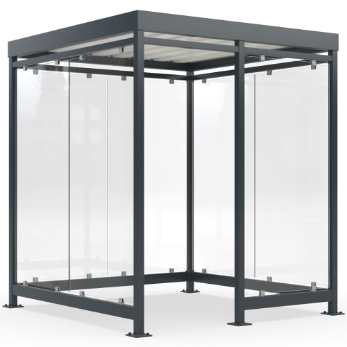 Moderner Raucherunterstand Modell Köln mit Glaswänden und stabilem Metallrahmen