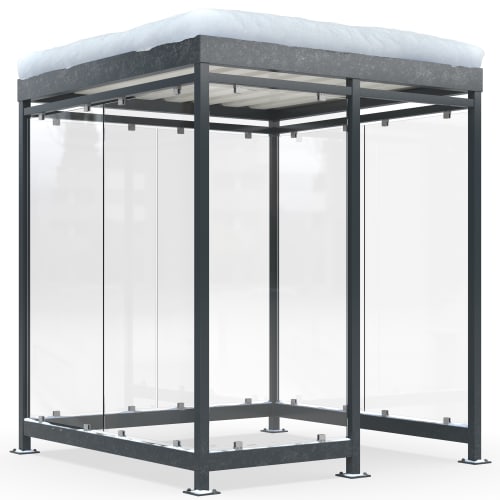 Raucherunterstand Modell Köln K2 c/b Alpine mit Glaswänden und Schneebedecktem Dach