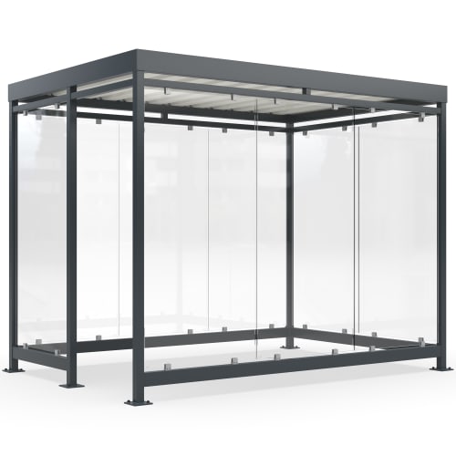 Moderne Überdachung Köln Modell K3 a/e oder K3 e/a mit Glaswänden und grauem Metallrahmen