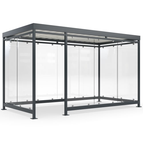 Moderne Überdachung Modell Köln K4 mit Glaswänden und grauem Metallrahmen