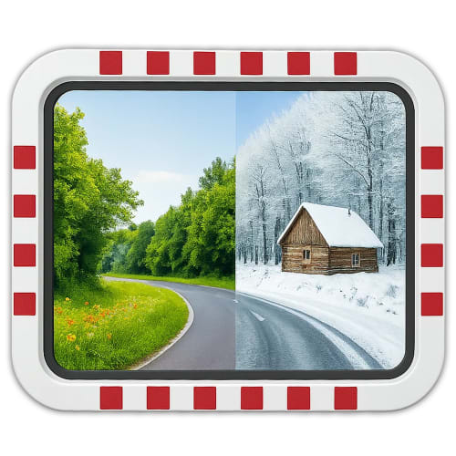 Verkehrsspiegel DURABEL IceFree ECO mit rotem und weißem Rahmen, zeigt eine Straße mit Sommer- und Winterlandschaft zur Überprüfung von 2 Richtungen