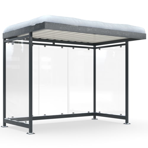 Überdachnung Köln K3 a/a Alpine mit pulverbeschichtetem Stahlrahmen und transparenten Seitenwänden, Dach mit Schnee bedeckt