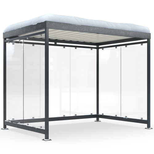 Raucherunterstand Modell Köln K3 b/b Alpine mit Glaswänden und schneebedecktem Dach für hohe Schneelasten