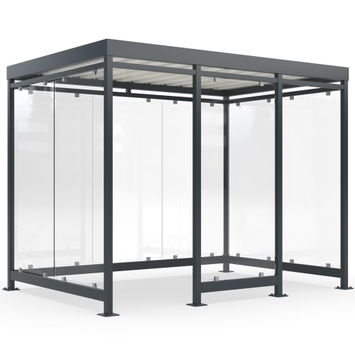 Moderne Überdachung Köln Modell K3 mit Glaswänden und grauem Metallrahmen