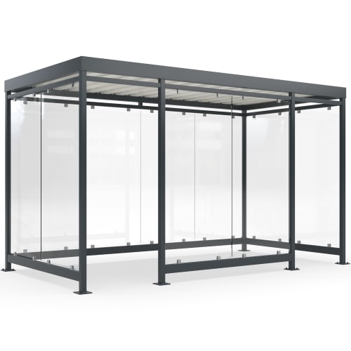 Moderne Überdachung Köln Modell K4 b/b/b mit Glaswänden und Metallrahmen