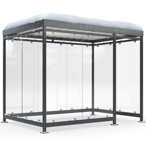 Raucherunterstand Modell Köln K3 d/b Alpine mit Glaswänden und schneebedecktem Dach für hohe Schneelasten