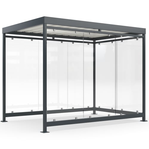 Moderner Raucherunterstand Modell Köln K3 e mit grauem Metallrahmen und transparenten Glaswänden