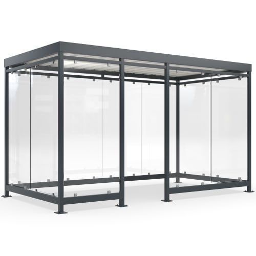 Moderner Raucherunterstand Modell Köln K4 c/d mit Glaswänden und Metallrahmen