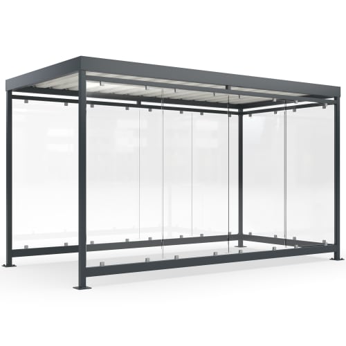 Moderne Überdachung Köln Modell K4 f mit Glaswänden und grauem Metallrahmen