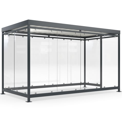 Moderne Überdachung Köln Modell K4 f/a mit Glaswänden und grauem Metallrahmen