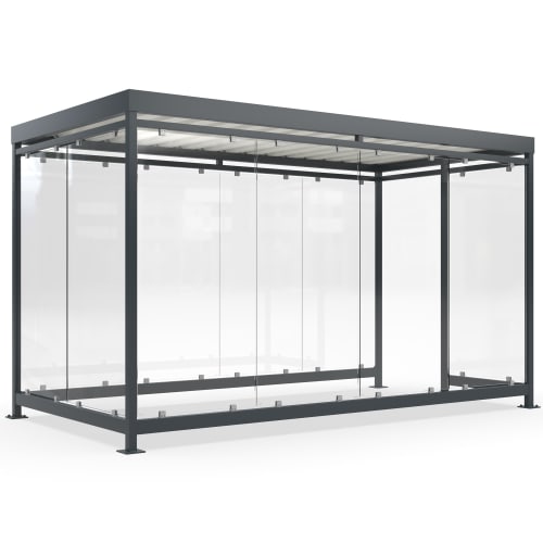 Moderne Überdachung Köln Modell K4 g gg mit Glaswänden und Metallrahmen