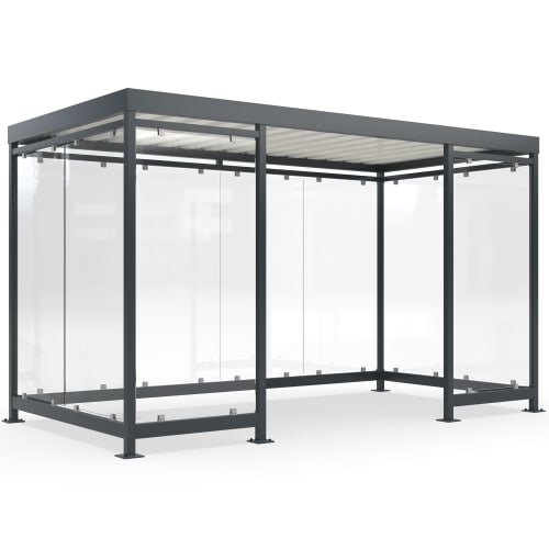 Moderner Raucherunterstand Modell Köln K4 c/c mit Glaswänden und Metallrahmen