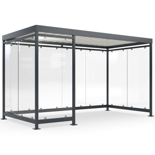 Moderne Wartehalle Modell Köln K4 mit Glaswänden und grauem Metallrahmen