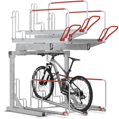 Doppelstockparker BikeHub Economy Fahrradparker mit zwei Ebenen und einem Mountainbike in der unteren Ebene