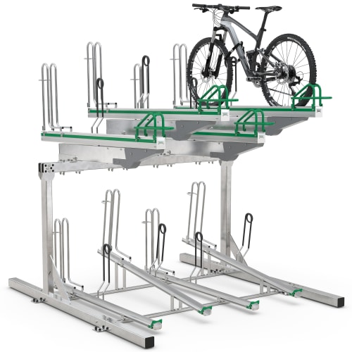Doppelstockparker BikeHub Premium Fahrradparker mit zwei Ebenen und einem Mountainbike auf der oberen Ebene