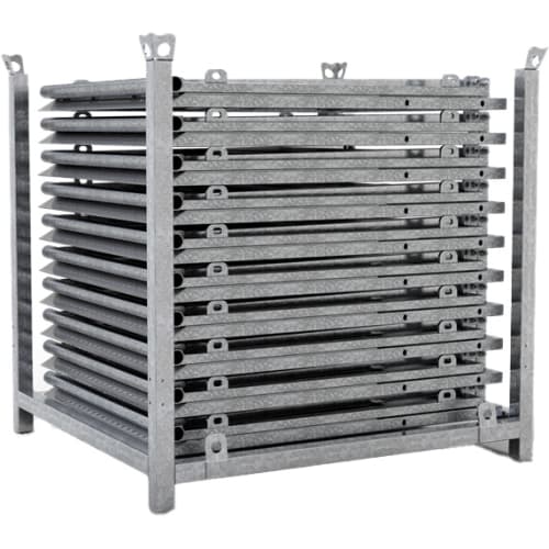 Schake Bühnengitter Set aus verzinktem Stahl gestapelt in Transportgestell