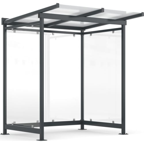 Moderne Überdachung Dresden Modell D2 mit transparenten Seitenwänden und grauem Metallrahmen