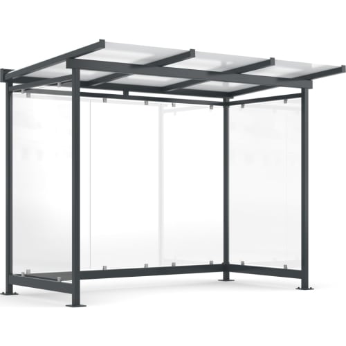 Überdachung Dresden Modell D3 mit schwarzem Metallrahmen und transparenten Seitenwänden