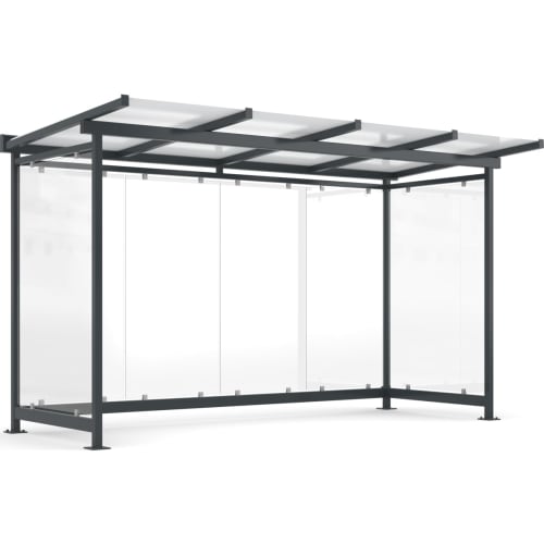 Moderne Überdachung Dresden Modell D4 mit Glaswänden und schwarzem Metallrahmen