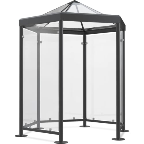 Raucherpavillon Paris Modell P601 mit Glaswänden und grauem Metallrahmen