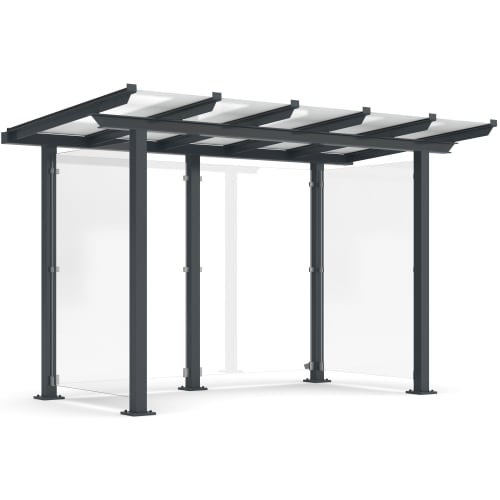 Moderne Überdachung Passau Modell P12 mit schwarzem Metallrahmen und transparenten Seitenwänden