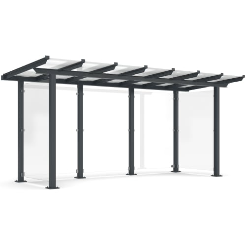 Moderne Überdachung Passau Modell P13 mit Glaswänden und schwarzem Metallrahmen