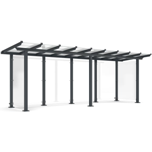 Moderne Überdachung Passau Modell P14 mit transparentem Dach und Seitenschutz aus Glas, schwarzer Metallrahmen