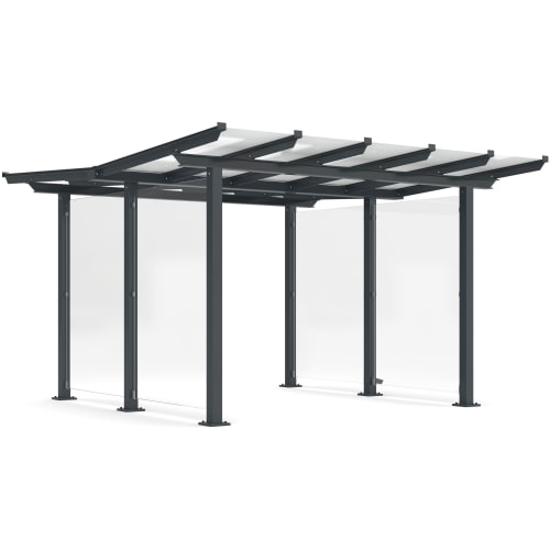 Überdachung Passau doppelseitig Modell P22 aus Metall mit transparenten Seitenteilen und weißem Dach