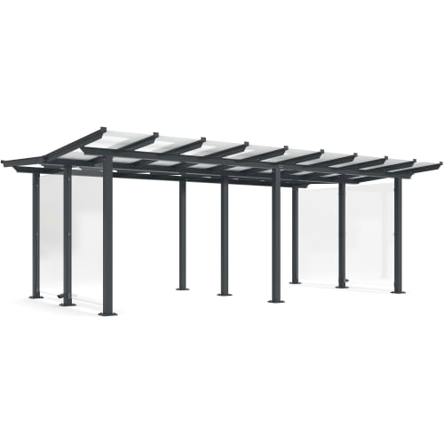 Moderne doppelseitige Überdachung Passau Modell P24 mit schwarzem Metallrahmen und transparentem Dach