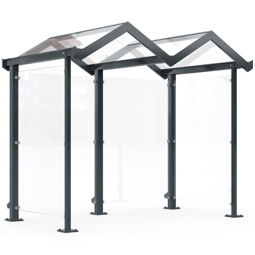 Moderne Überdachung Zürich Modell Z2 mit transparentem Dach und Seitenteilen aus Glas und schwarzem Metallrahmen