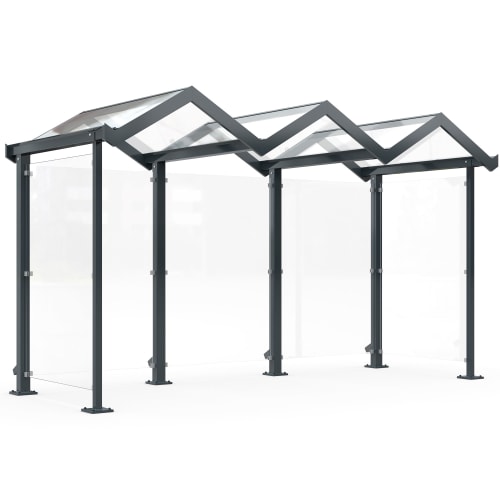 Moderne Überdachung Zürich Modell Z3 mit transparentem Dach und Seitenwänden aus Glas und schwarzem Metallrahmen
