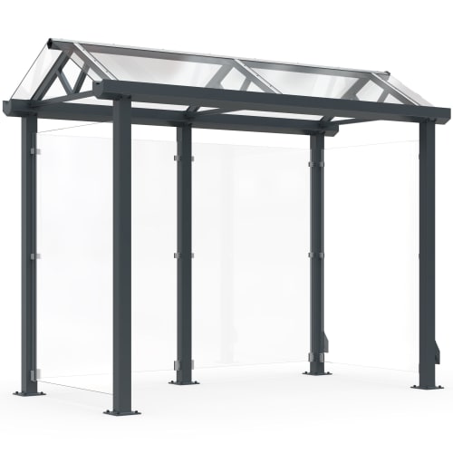 Moderne Überdachung Wien Modell W2 mit Glasdach und Seitenschutz aus transparentem Material