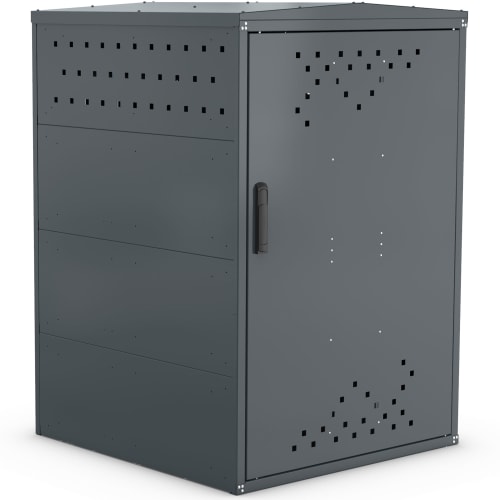 Rollatorbox Modell G aus grauem Metall mit Lüftungslöchern und schwarzem Griff