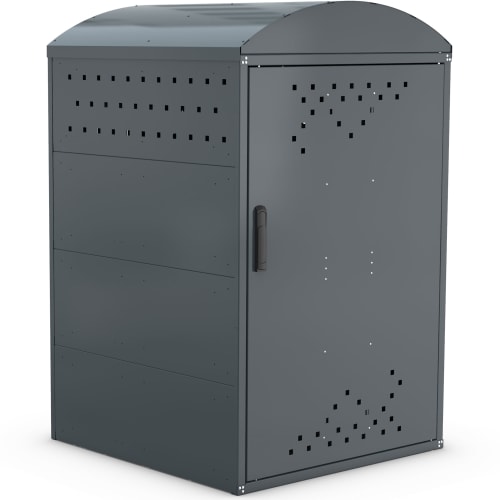 Rollatorbox Modell B graue Metallbox mit Lüftungsschlitzen und Türgriff