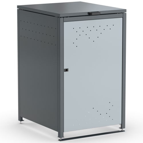 Mülltonnenüberdachung BinStore aus Metall mit grauer Tür und schwarzem Rahmen, belüftet durch kleine quadratische Löcher