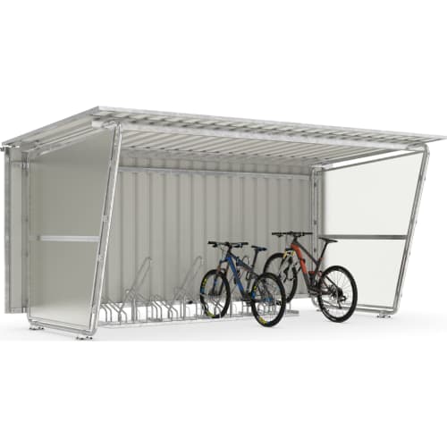 Fahrradüberdachung Siegen S18 mit Pultdach aus Stahl mit Fahrradständer für 8 Fahrräder, zwei Mountainbikes geparkt