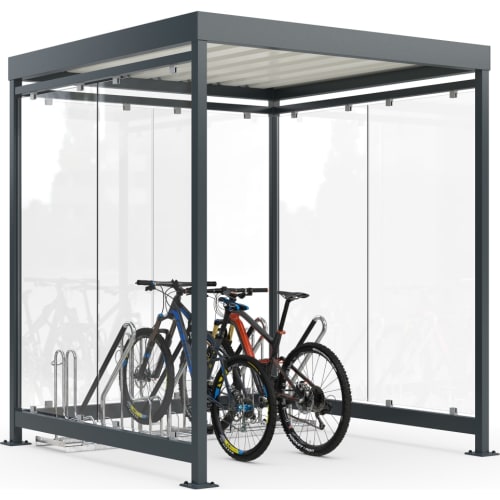Kompakte Fahrradüberdachung Köln Bike Enonomy K2 b/b mit zwei Mountainbikes und transparenten Seitenwänden