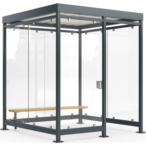 Moderner Raucherunterstand Köln Economy K2 c/b mit Glaswänden, Holzbank und Metallrahmen